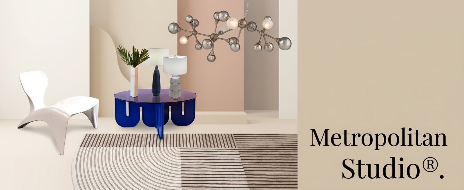 Curated furniture, lighting, rugs, and decorative objects